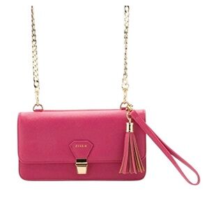 Pink Leather Crossbody‎ Clutch With Removable Gold Shoulder Chain 8x5